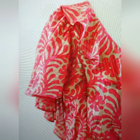 NWOT Milly Coral Red & Tan Leafy Abstract Floral Ruffle Blouse Silk Top M - Picture 2 of 10